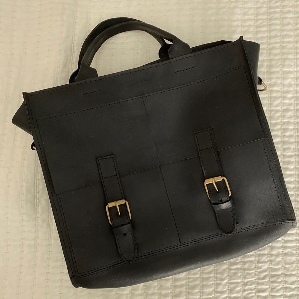 Black leather tote bag